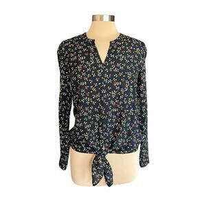 J. Jill Black Micro Leaf Print Tie Front Blouse Sz XS Casual Work Wear Career
